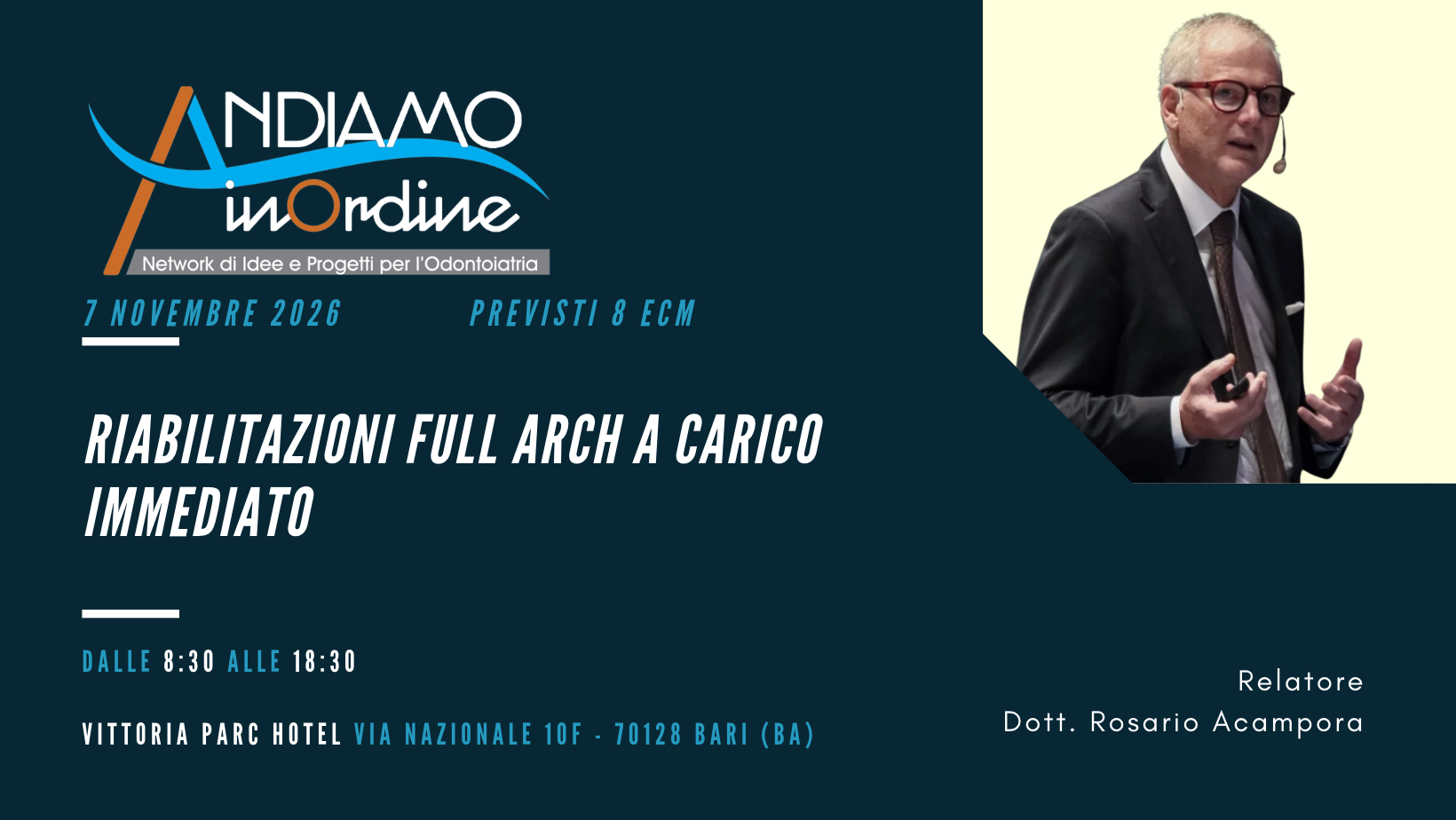 Locandina del corso del 7 novembre 2026: Riabilitazioni full arch a carico immediato